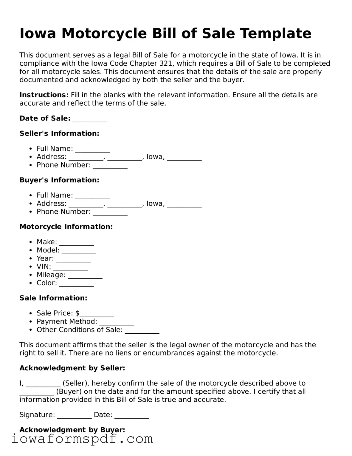 Attorney-Verified  Motorcycle Bill of Sale Template for Iowa