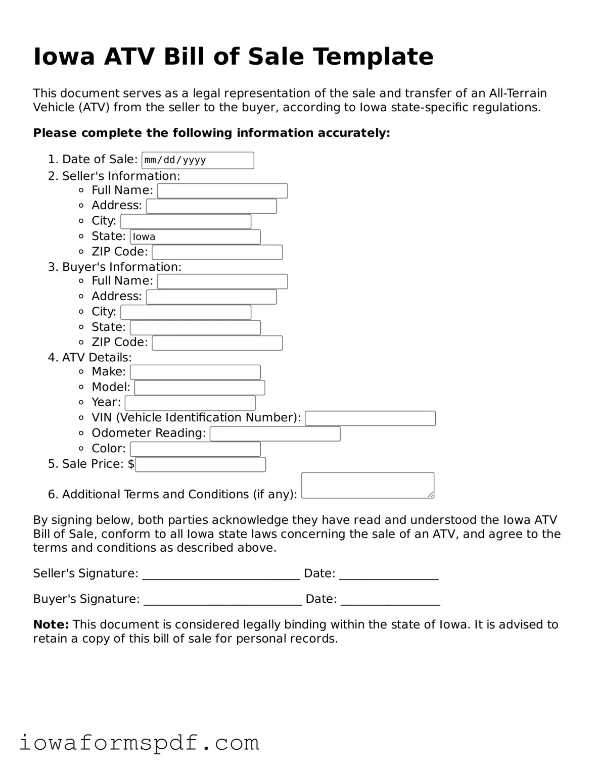 Attorney-Verified  ATV Bill of Sale Template for Iowa