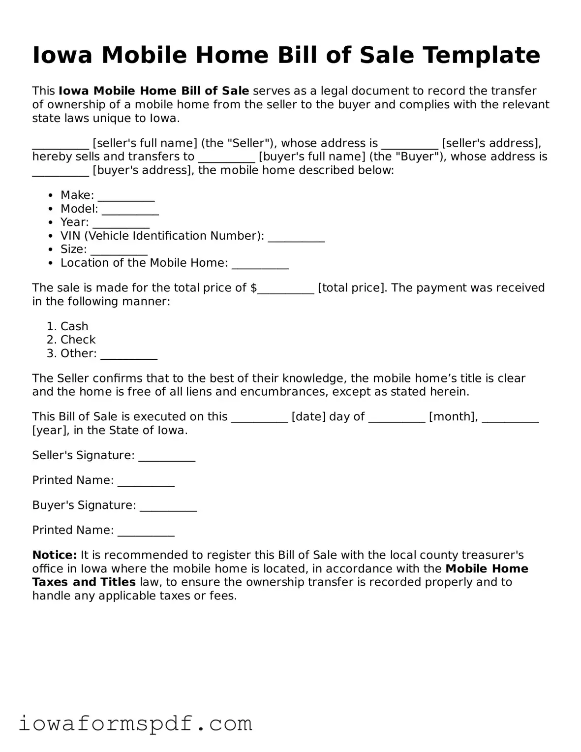 Attorney-Verified  Mobile Home Bill of Sale Template for Iowa