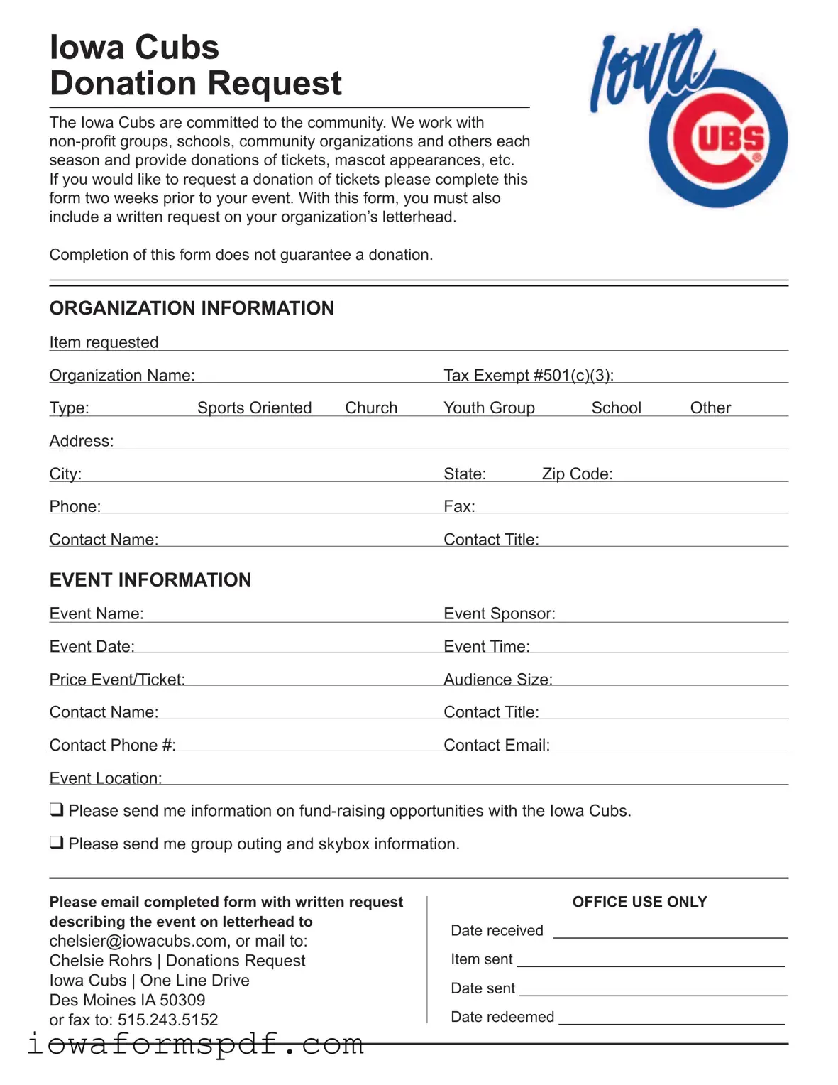 Get Iowa Cubs Donation Request Form in PDF