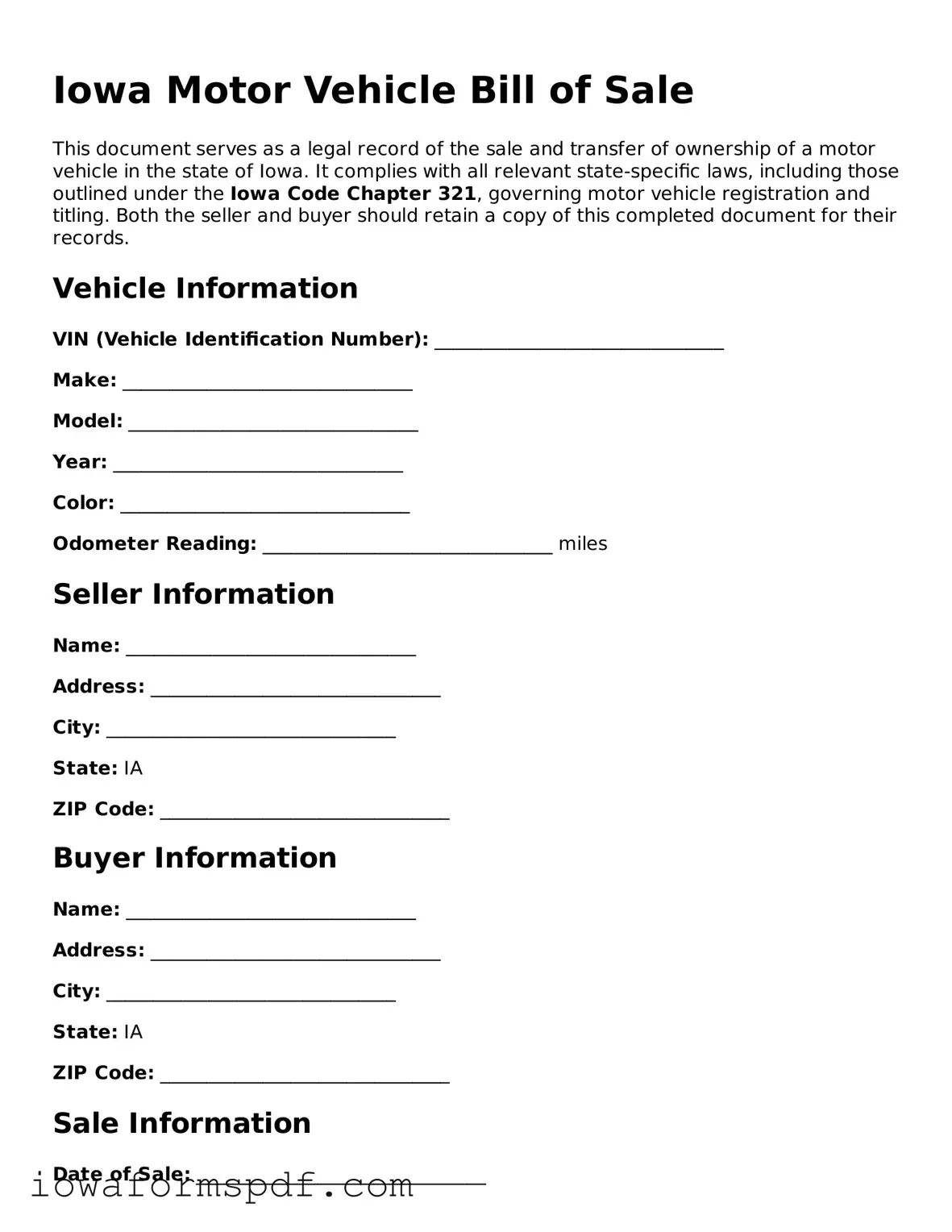 Attorney-Verified  Motor Vehicle Bill of Sale Template for Iowa