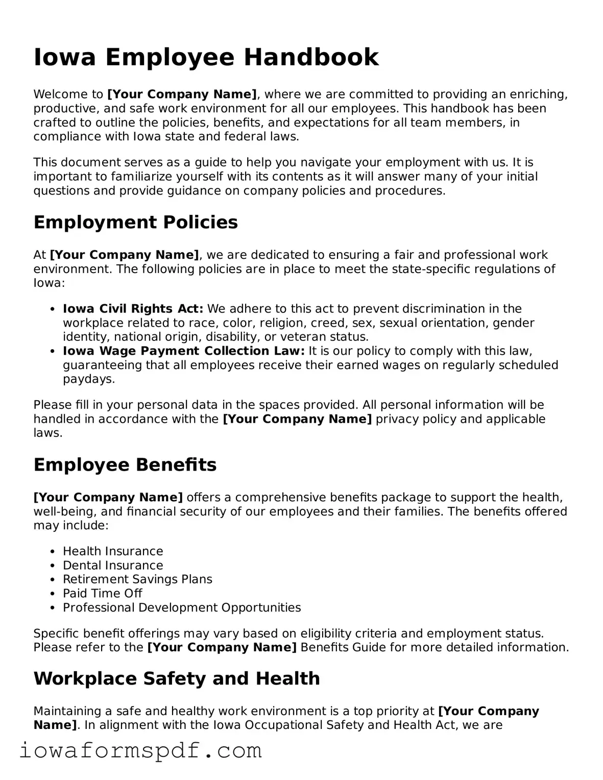 Attorney-Verified  Employee Handbook Template for Iowa