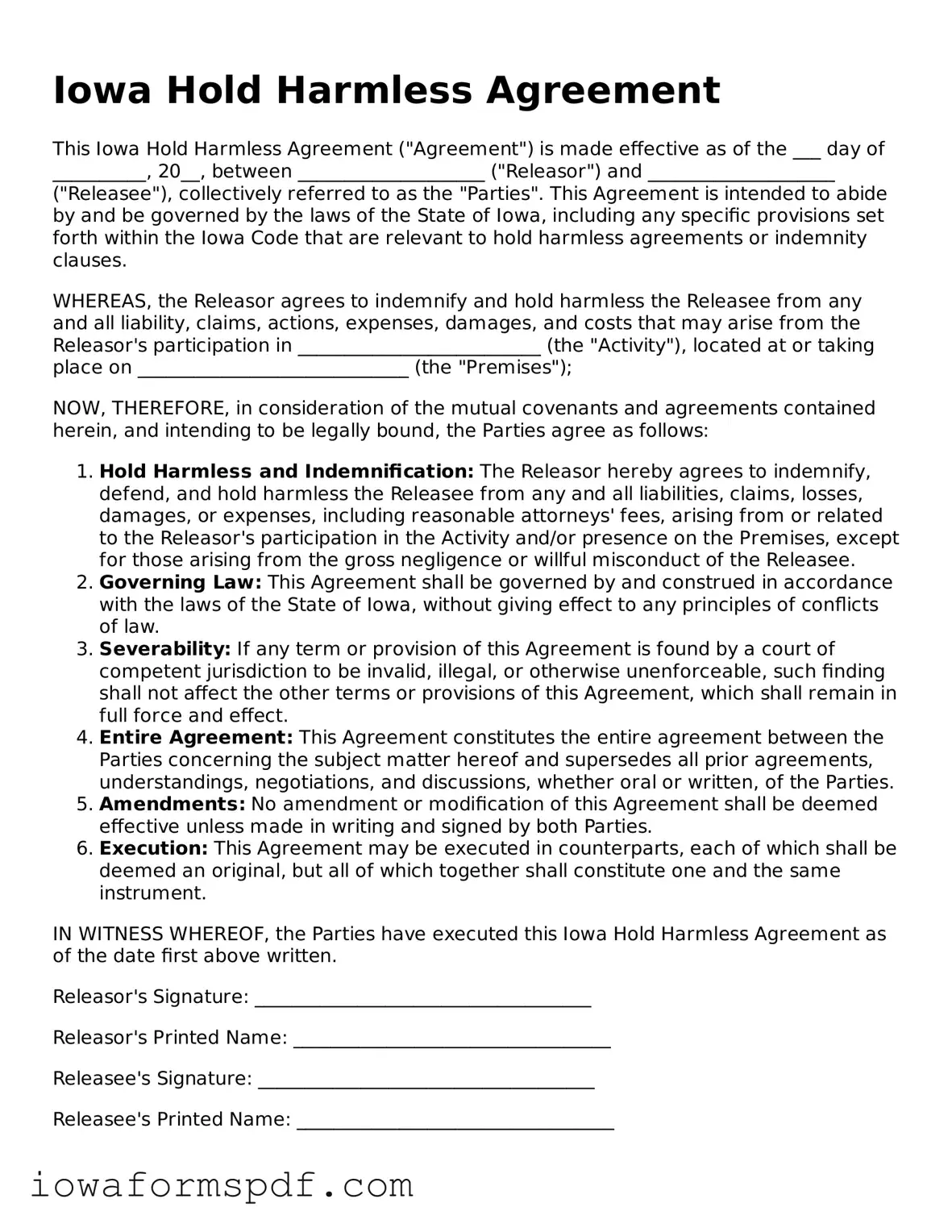 Attorney-Verified  Hold Harmless Agreement Template for Iowa