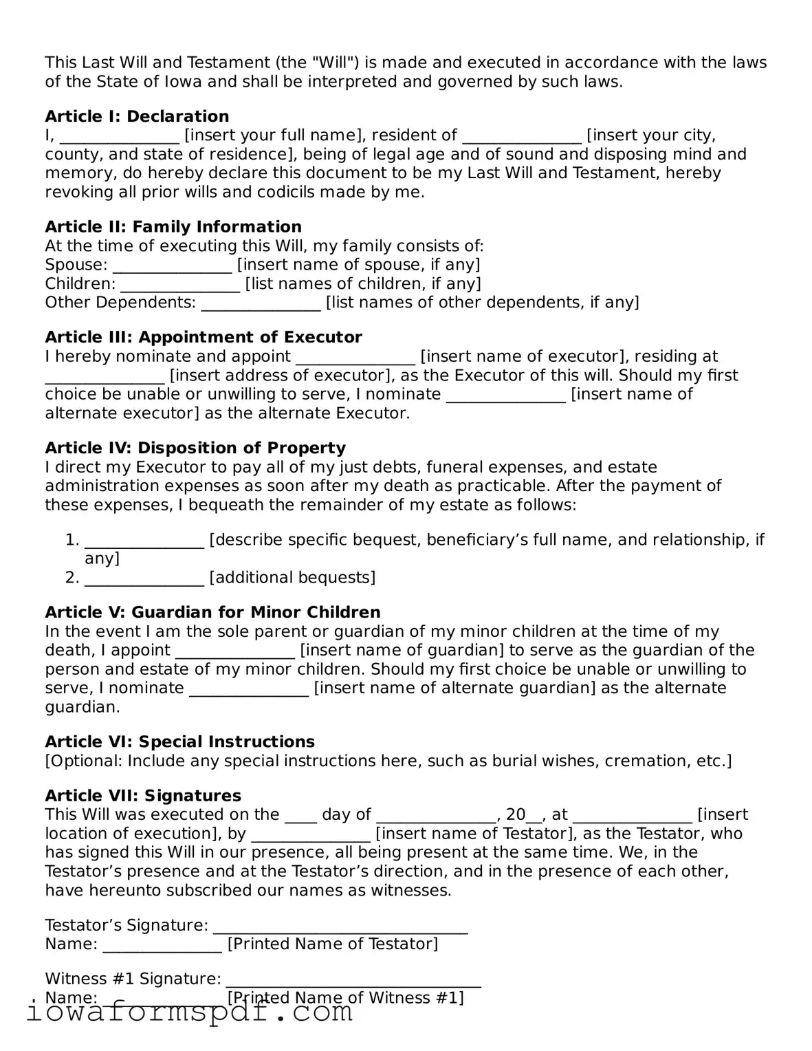 Attorney-Verified  Last Will and Testament Template for Iowa