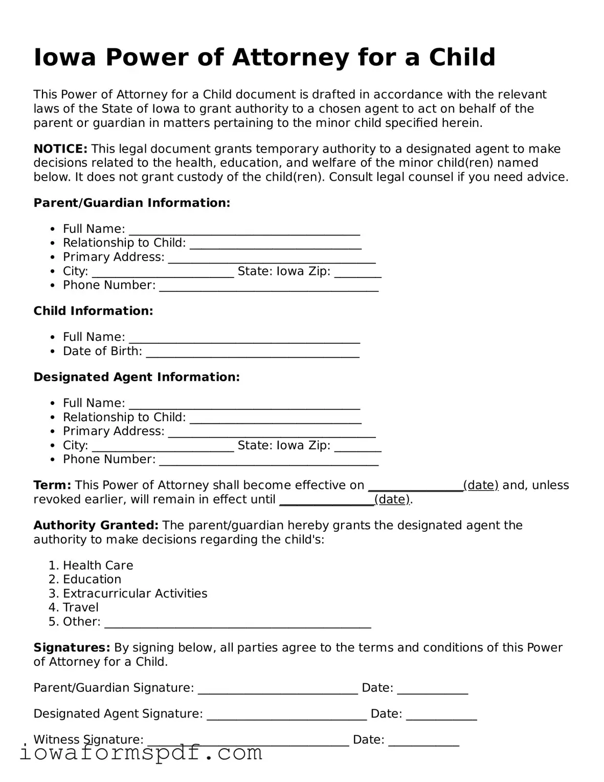 Attorney-Verified  Power of Attorney for a Child Template for Iowa