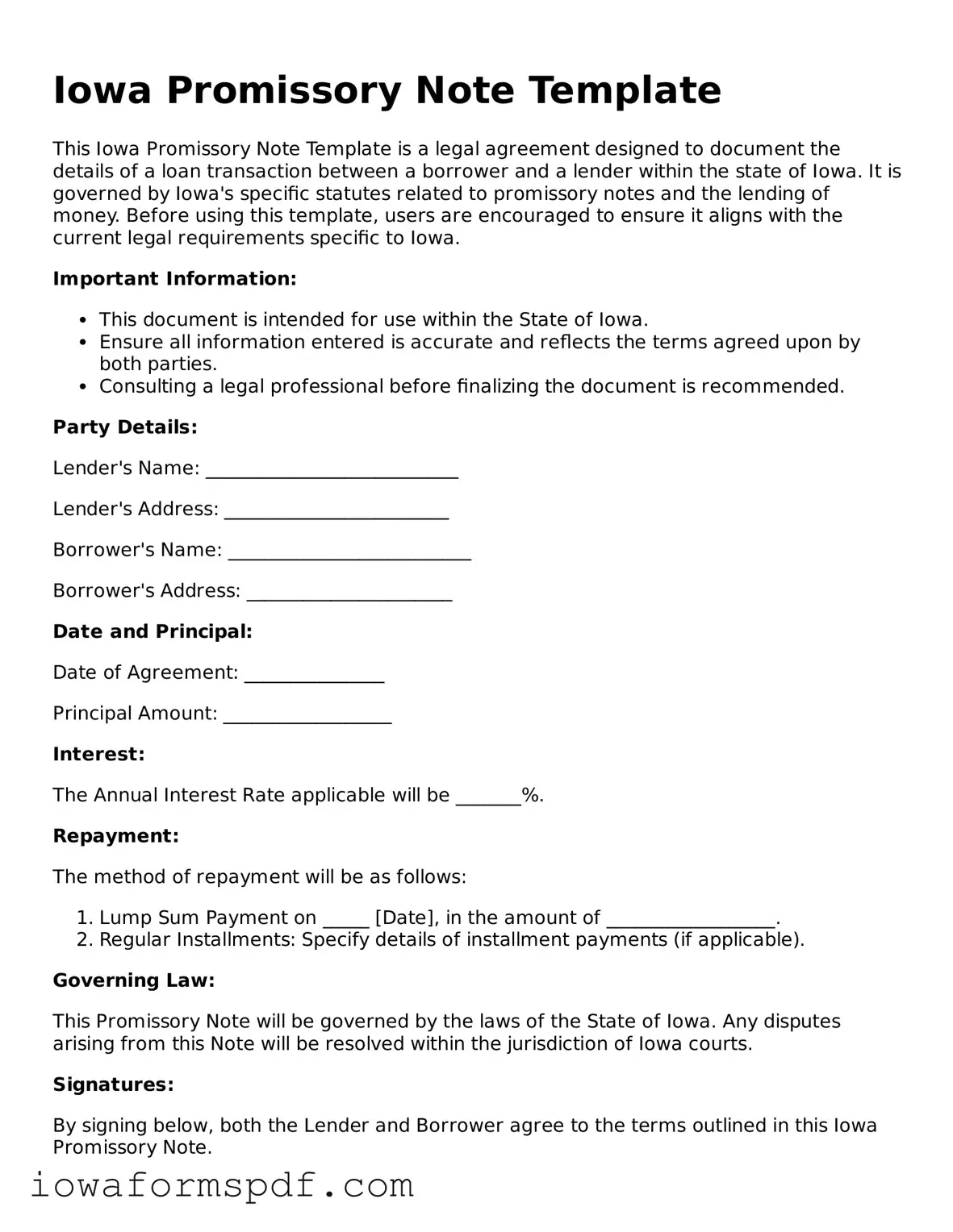 Attorney-Verified  Promissory Note Template for Iowa