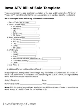 Attorney-Verified  ATV Bill of Sale Template for Iowa
