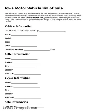 Attorney-Verified  Motor Vehicle Bill of Sale Template for Iowa