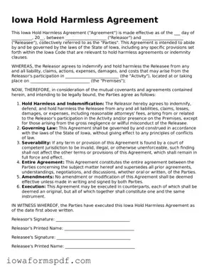 Attorney-Verified  Hold Harmless Agreement Template for Iowa