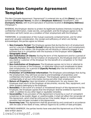 Attorney-Verified  Non-compete Agreement Template for Iowa
